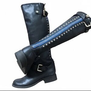 STEVE MADDEN REVOLVE Black Lynet Boots Studded Moto High Knee 9 Zip Trendy